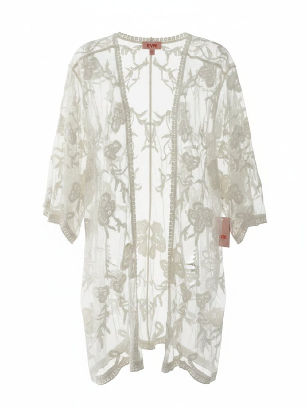 NWT Boho Evri Ivory Floral Embroidered Mesh Lace Kimono Cardigan Cover up 0X/1X